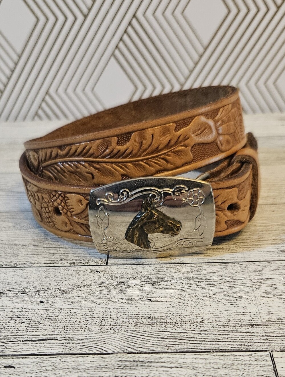 Vintage Tooled Leather Belt Horse Buckle Tex-Made Texas Western Acorns USA 26